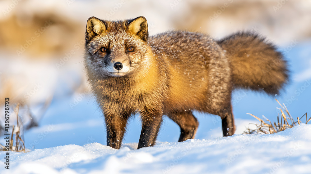 Fototapeta premium beautiful fox stands snowy landscape, showcasing its thick fur and alert expression. sunlight highlights its features