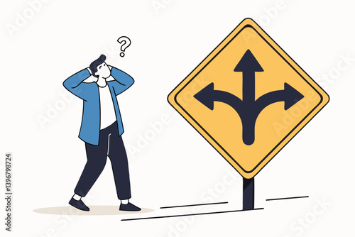 Decision to choose pathway, alternative or choice, deciding career path, determination or thinking to find solution concept, contemplation businessman thinking which way to go on folk road sign.