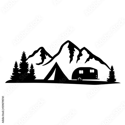 Monochromatic nature landscape with camper, tent, mountains, and pine trees silhouette