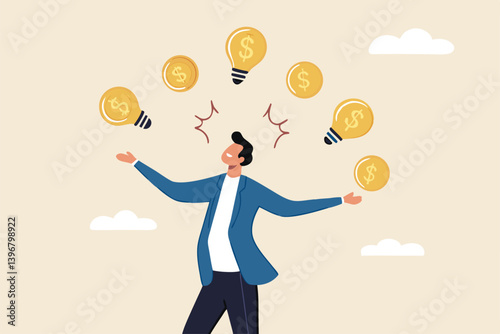 Idea to make money, entrepreneur to invent and make profit from new idea, investing strategy or creativity to earn money concept, businessman entrepreneur juggling lightbulb and money dollar coin.