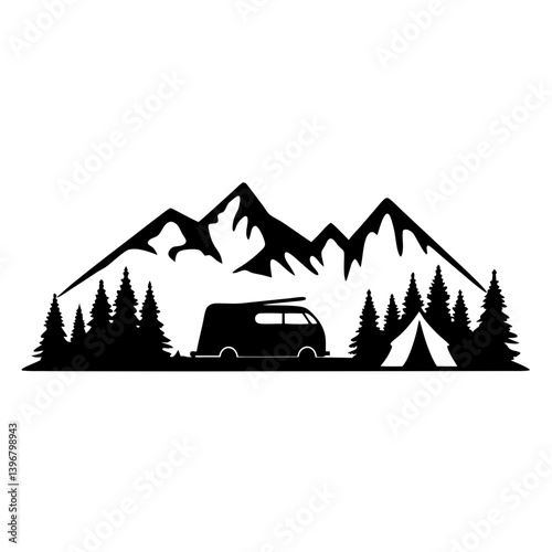 Silhouette of camping adventure with van, tent, and mountains in monochrome