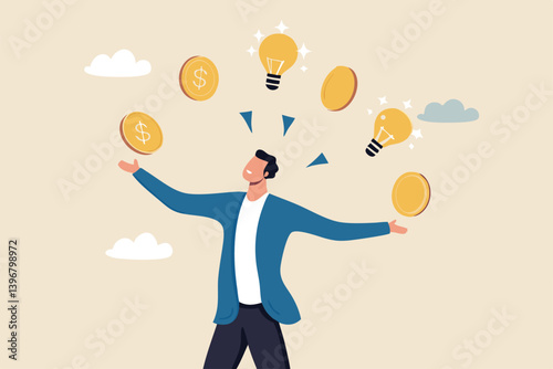Idea to make money, entrepreneur to invent and make profit from new idea, investing strategy or creativity to earn money concept, businessman entrepreneur juggling lightbulb and money dollar coin.