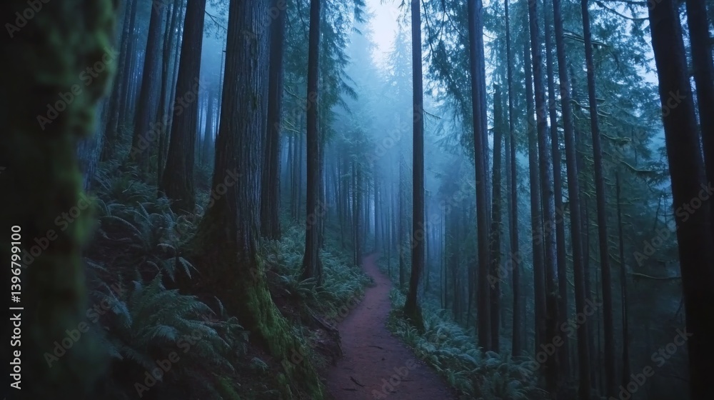 Fototapeta premium A misty evergreen forest reveals a winding dirt path surrounded by tall trees as pale sunlight pierces through the dense fog at dawn