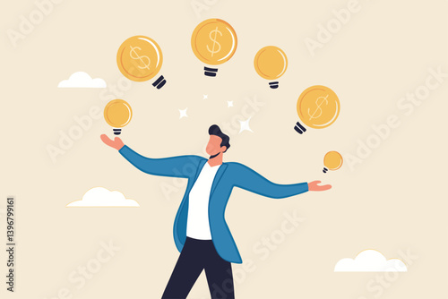Idea to make money, entrepreneur to invent and make profit from new idea, investing strategy or creativity to earn money concept, businessman entrepreneur juggling lightbulb and money dollar coin.