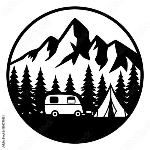 Van camping in the mountains among pine trees in a vector design