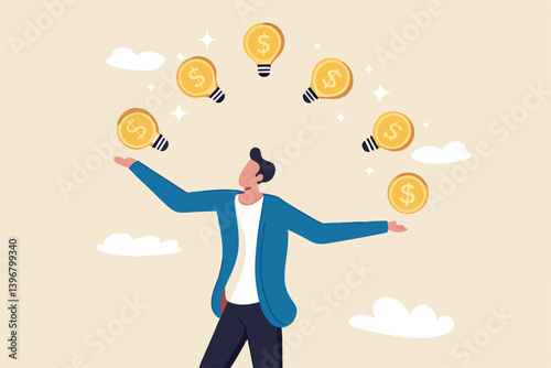 Idea to make money, entrepreneur to invent and make profit from new idea, investing strategy or creativity to earn money concept, businessman entrepreneur juggling lightbulb and money dollar coin.
