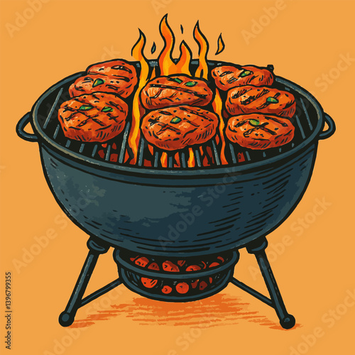 Grilling Meat Patties on Round Charcoal Grill with Flames Illustration