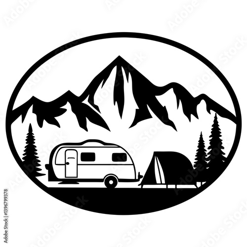 Monochrome camping scene with mountains, trailer, tent, and pine trees in oval frame