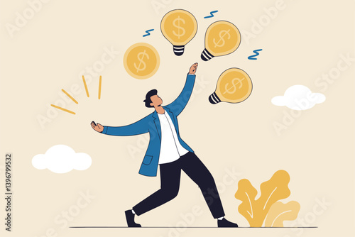 Idea to make money, entrepreneur to invent and make profit from new idea, investing strategy or creativity to earn money concept, businessman entrepreneur juggling lightbulb and money dollar coin.