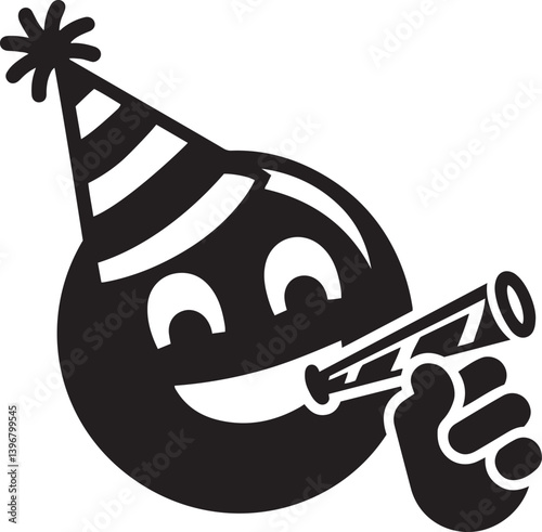 Party Emoji face with hats and confetti blowers in flat silhouette vector illustration design