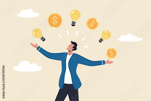 Idea to make money, entrepreneur to invent and make profit from new idea, investing strategy or creativity to earn money concept, businessman entrepreneur juggling lightbulb and money dollar coin.
