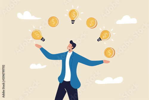Idea to make money, entrepreneur to invent and make profit from new idea, investing strategy or creativity to earn money concept, businessman entrepreneur juggling lightbulb and money dollar coin.