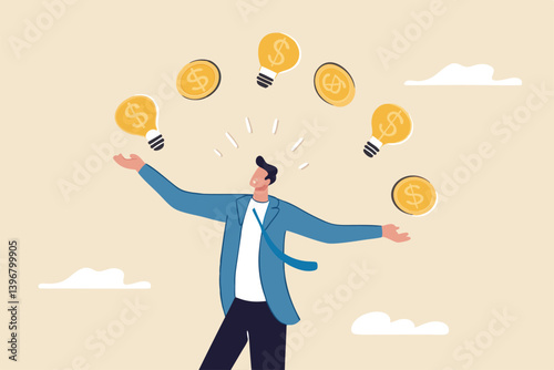 Idea to make money, entrepreneur to invent and make profit from new idea, investing strategy or creativity to earn money concept, businessman entrepreneur juggling lightbulb and money dollar coin.