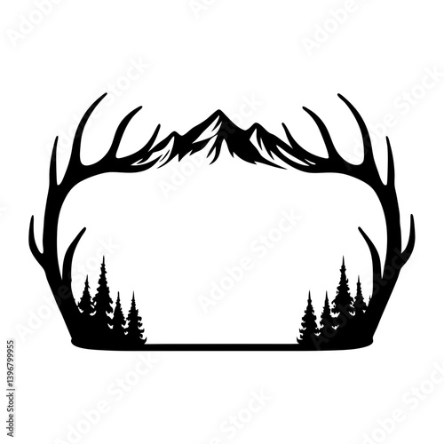 Stylized Mountain and Forest Scene Framed by Deer Antlers Silhouette Art