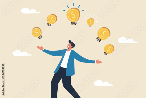 Idea to make money, entrepreneur to invent and make profit from new idea, investing strategy or creativity to earn money concept, businessman entrepreneur juggling lightbulb and money dollar coin.