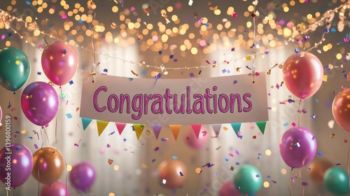 Celebration: Congratulations Banner with Balloons and Confetti