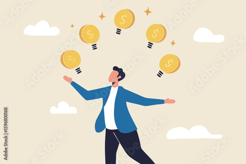Idea to make money, entrepreneur to invent and make profit from new idea, investing strategy or creativity to earn money concept, businessman entrepreneur juggling lightbulb and money dollar coin.