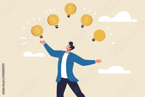 Idea to make money, entrepreneur to invent and make profit from new idea, investing strategy or creativity to earn money concept, businessman entrepreneur juggling lightbulb and money dollar coin.
