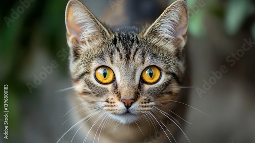 Close up portrait of a tabby cat with striking yellow eyes looking directly at the camera outdoors
