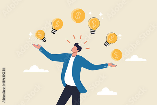 Idea to make money, entrepreneur to invent and make profit from new idea, investing strategy or creativity to earn money concept, businessman entrepreneur juggling lightbulb and money dollar coin.