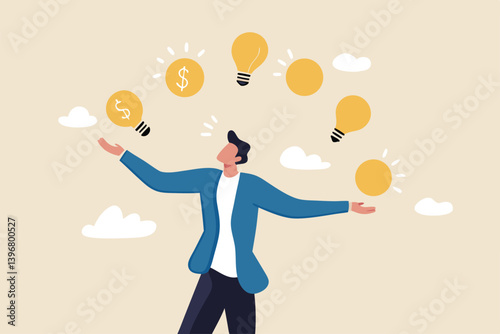 Idea to make money, entrepreneur to invent and make profit from new idea, investing strategy or creativity to earn money concept, businessman entrepreneur juggling lightbulb and money dollar coin.