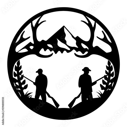 Two Hunters Silhouette in Mountain Landscape with Antler Frame