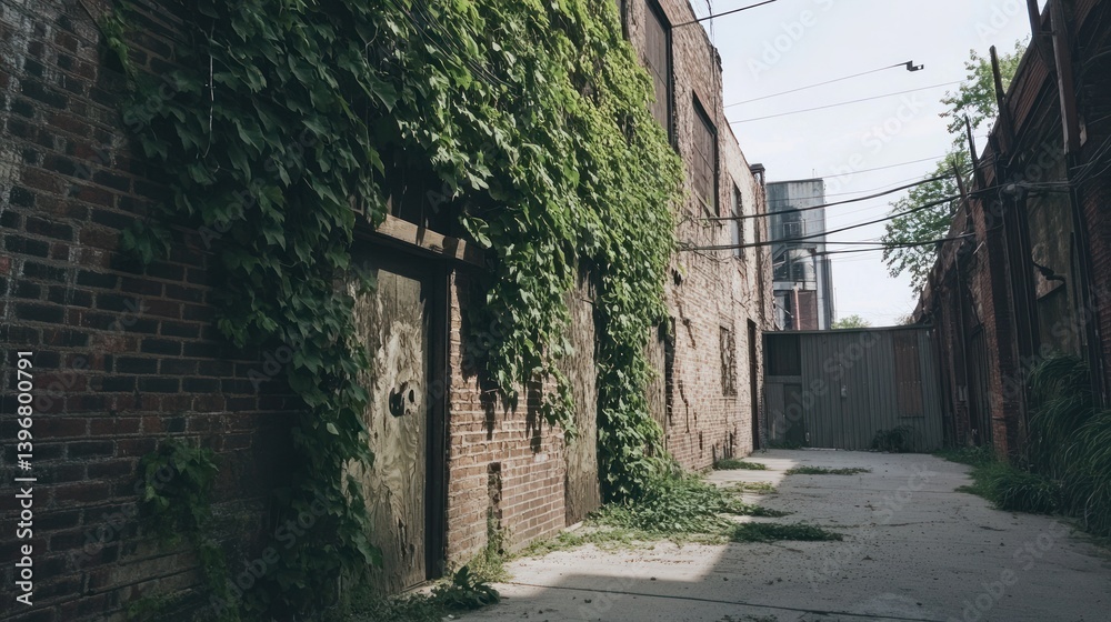 Fototapeta premium Ivy-Covered Brick Alleyway: A Serene Urban Oasis