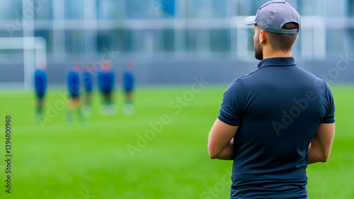 coach observes soccer practice session green field, focusing players background. scene conveys dedication and teamwork