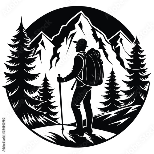 Hiking Silhouette, Mountain Landscape, Man with Backpack, Trees, Monochrome Design