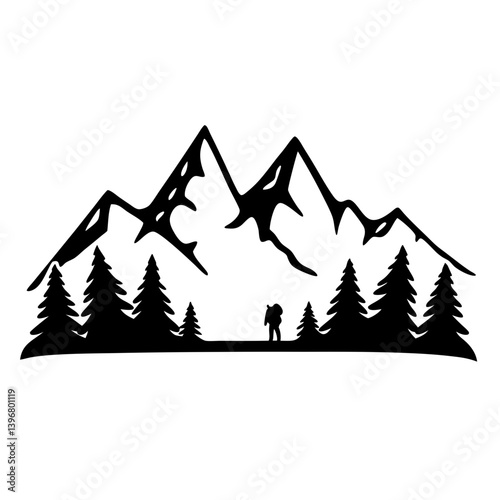 Majestic Mountain Range with Backpacker Silhouette in a Tranquil Forest Scene
