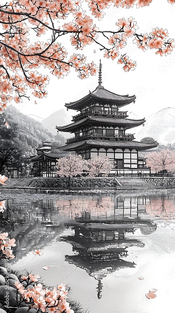 Historical japanese building with blooming sakura high resolution images Historical japanese building with blooming sakura high resolution images