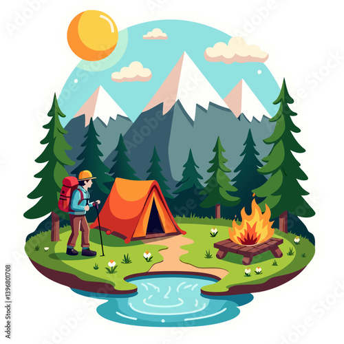Camping adventure in mountains with tent and hiker illustration