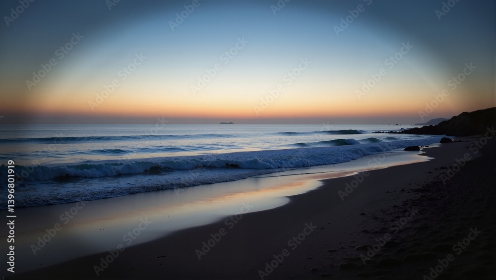 Obraz premium Seaside Dusk in Portugal Faro, stunning sunset over calm waters, light beige sand, scattered rocks, peaceful atmosphere. Concept of Seaside Dusk in Portugal Faro, tranquil landscape.