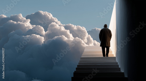 Ascending Journey: A solitary figure ascends a sunlit staircase towards the heavens, surrounded by a sea of fluffy clouds, evoking a sense of hope, ambition, and the pursuit of dreams.  photo