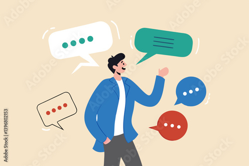 Verbal or oral communication skill, storytelling or explanation, public speaking, talking or discussion, telling message or speech concept, confidence businessman talking with multiple speech bubbles.
