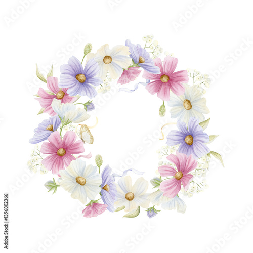 Pastel wildflowers round wreath watercolor illustration. Pastel pink, purple and white cosmos flowers crown with butterfly and ribbons. Spring garden blooming plants circle frame. Floral clip art