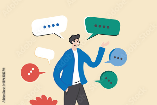 Verbal or oral communication skill, storytelling or explanation, public speaking, talking or discussion, telling message or speech concept, confidence businessman talking with multiple speech bubbles.
