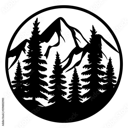 Majestic Mountain Peaks and Evergreen Trees in a Circular Design