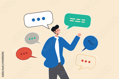 Verbal or oral communication skill, storytelling or explanation, public speaking, talking or discussion, telling message or speech concept, confidence businessman talking with multiple speech bubbles.