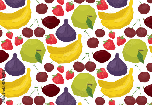 Seamless vector illustration featuring colorful fruits including bananas, strawberries, cherries, figs, and apples. Vibrant colors and geometric shapes create a playful design.