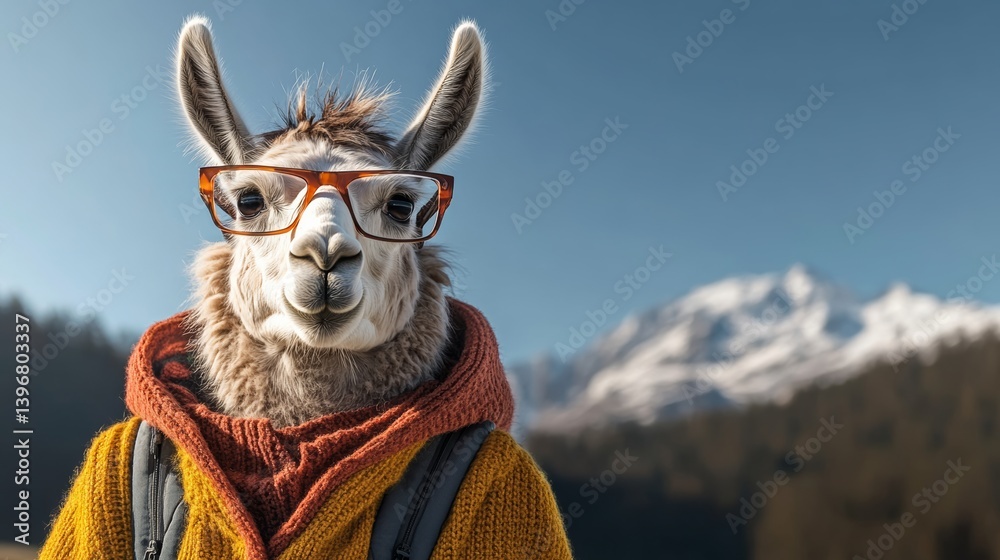 Fototapeta premium Llama wearing glasses and a red jacket is standing in front of a mountain. The scene has a playful and whimsical mood, as the llama is dressed in human-like clothing and accessories