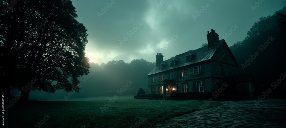 Haunted old villa. Eerie horror mystery atmosphere. Generative AI technology.