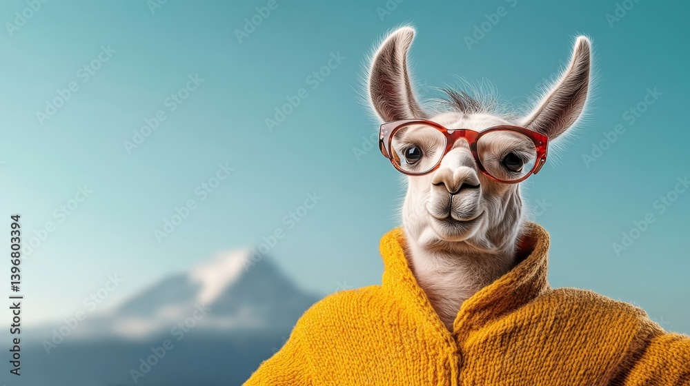 Fototapeta premium Llama wearing glasses and a yellow sweater. The llama is smiling and looking at the camera