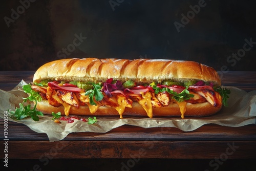 A gourmet chicken sub filled with melted cheese, savory toppings, and fresh greens.