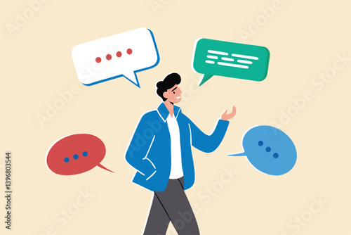 Verbal or oral communication skill, storytelling or explanation, public speaking, talking or discussion, telling message or speech concept, confidence businessman talking with multiple speech bubbles.