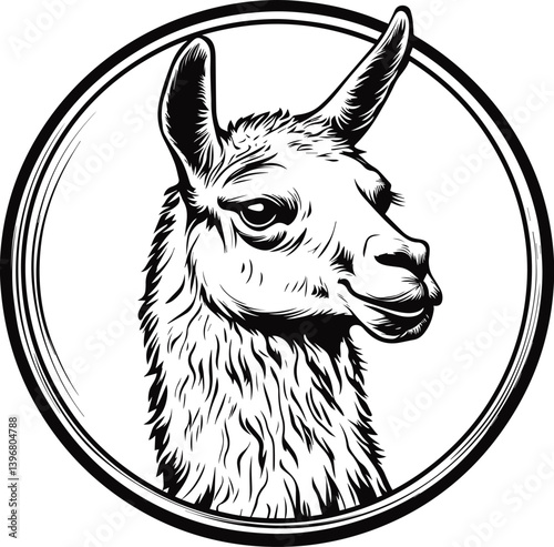 A simple yet detailed silhouette of a llama's head, highlighting its distinctive ears, snout, and woolly texture. Ideal for farm animal designs, South American wildlife illustrations, logo designs