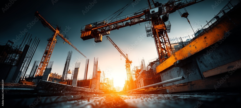 Construction and tower crane at sunset. Real estate property project. Generative AI technology.
