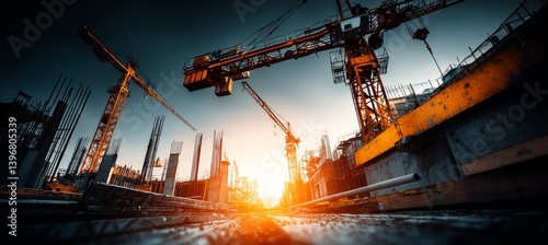 Obraz na płótnie Construction and tower crane at sunset. Real estate property project. Generative AI technology. w salonie