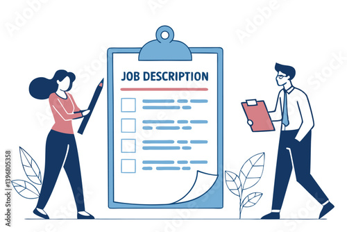 Job description, qualification and requirement for job position, working scope document, duty and responsibility for employment concept, business people employer writing job description document.