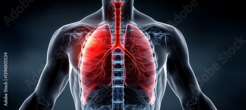 Lungs x-ray visual with pain red disease. Human science anatomy. Generative AI technology.	
